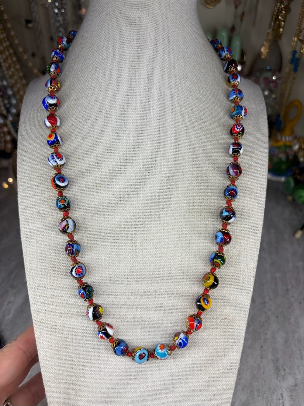 Vintage Venetian Murano Millefiori Glass Bead Necklace Beaded Jewelry Italian